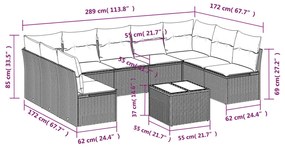 10 pcs conjunto sofás de jardim c/ almofadões vime PE preto