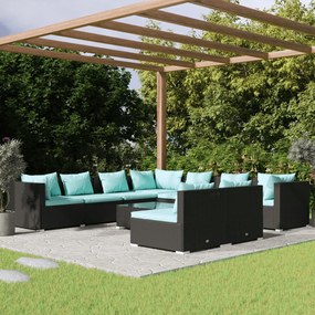 vidaXL 10 pcs conjunto lounge de jardim c/ almofadões vime PE preto