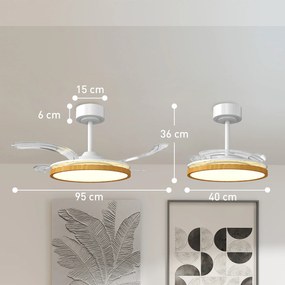 Ventoinha de Teto com Luz LED 80 W Motor DC Reversível Controlo Remoto 6 Velocidades Temporizador Ø95 cm Branco e Madeira