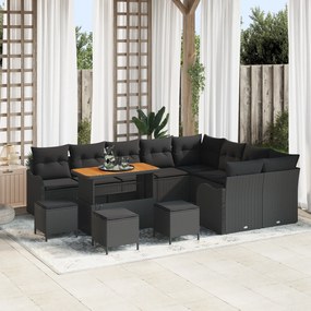 Conjunto de Sofá de Jardim vidaXL com 13 Peças e Almofadas Preto Vime Sintético Acácia