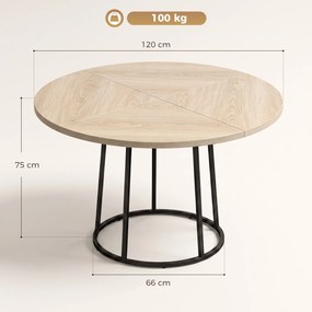 Mesa de jantar redonda para 4 a 6 pessoas, Ø 120 x 75 cm (CADEIRAS NÃO INCLUIDAS), mesa de cozinha com base cónica em metal, cor madeira natural