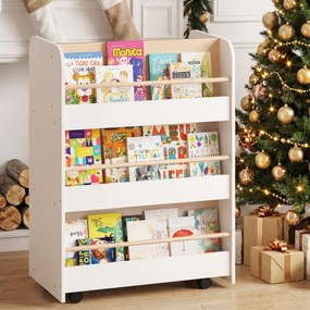 Estante infantil de 3 níveis com rodas 62,5 x 40 x 83 cm, carrinho de dupla face para livros, creche ou sala de aula, branca