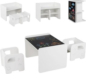 Conjunto de mesa e 2 cadeiras infantis com quadro de giz integrado e motivo de elefante em madeira, para crianças a partir dos 3 anos, sala de jogos/c