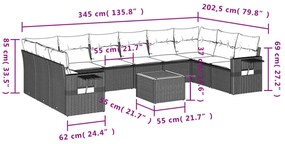 11 pcs conjunto sofás de jardim c/ almofadões vime PE cinzento