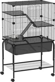 Gaiola para Pequenos Animais de 4 Níveis com Bandeja Inferior Rodas Rampas Comedouro e Bebedouro 73x47x123 cm Preto