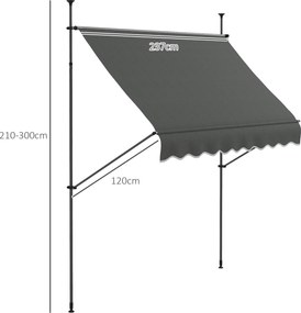 Toldo retrátil manual autoportante 2,5 x 1,2 x 2,1-3 m, inclinação ajustável, em metal, alumínio e poliéster cinzento escuro