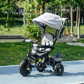 Triciclo infantil ajustável com pára-sol, dobrável, com barra telescópica removível, 95 x 50 x 106 cm, em aço cinzento e preto