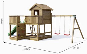 Parque infantil Crianças Exterior PLUTO / KDI Com Escorrega, Casa, Parede Escalada, 2 baloiços