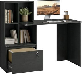 Secretária de computador 126 x 50 x 109 cm com estante de 4 compartimentos e gaveta com fechadura, preta