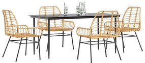 Conjunto jantar jardim 5 peças vidro vime PE castanho