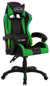 Cadeira estilo corrida luzes LED RGB couro artif. verde/preto