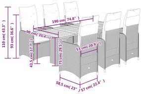 7 pcs conjunto bistrô de jardim c/ almofadões vime PE cinza