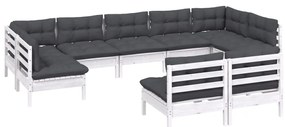 9 pcs conj. lounge de jardim c/ almofadões pinho maciço branco