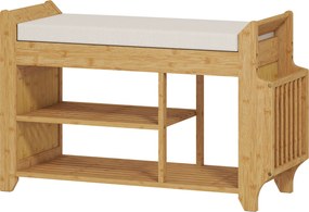 HOMCOM Banco Sapateira com Assento Acolchoado Arrumação Lateral Prateleira para Botas Estrutura de Bambu 80x30x50 cm Madeira e Bege | Aosom Portugal