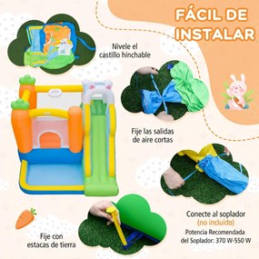 Castelo insuflável infantil com tema de coelho (SOPRADOR NÃO INCLUIDO), escorrega, piscina de bolas, parede de escalada e saco de transporte para cria