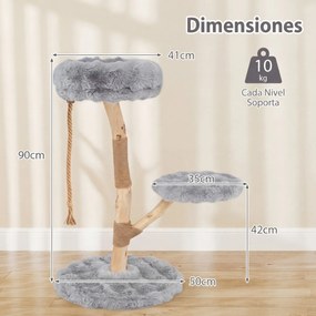 Arranhador para gatos 50 x 90 cm com plataforma central de atividades em madeira maciça, com postes para arranhar em juta natural, natural e Cinzento