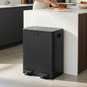 Caixote Lixo de Cozinha em Aço Inoxidável com 2 Compartimentos 2x20L Pedal, Tampas de Fecho Suave e Balde Removível Preto