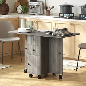 Mesa de cozinha dobrável, com 2 tampos rebatíveis, 2 gavetas e 1 armário cinzenta