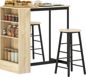 Conjunto de mesa de bar com bancos, compartimentos abertos, prateleira ajustável e apoio para os pés, em carvalho e preto
