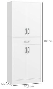 HOMCOM Armário de Cozinha Móvel de Cozinha com 4 Portas 1 Gaveta e Prateleiras Ajustáveis Anti-Tombo Armário de Cozinha Moderno para Sala de Jantar Sala de Estar 70,8x34x180 cm Branco