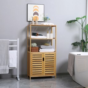Móvel de casa de banho em bambu 60 (L) x 30 (P) x 120 (A) cm, 2 prateleiras abertas e porta dupla com ripas, natural
