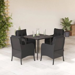 5 pcs conjunto de jantar p/ jardim c/ almofadões vime PE preto