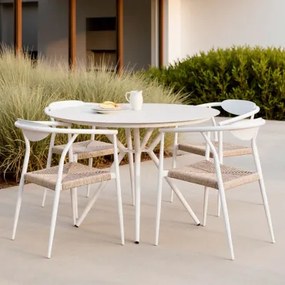 Set De Mesa Redonda Ø100 Cm Em Alumínio Valerie E 4 Cadeiras De Jardim Empilháveis Com Apoios De Braços Em Alumínio E Rattan Sin Branco Glacial -
