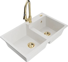 Mexen Tomas lava-loiça de granito de 2 cubas com torneira de cozinha Elia, branco - 6516-20-670101-50
