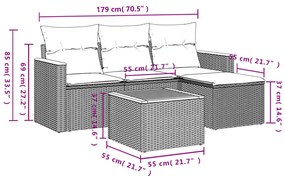 5 pcs conjunto sofás de jardim c/ almofadões vime PE cinzento