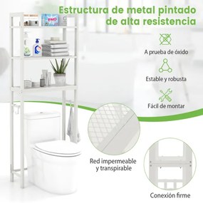 Estante casa de banho sobre a sanita de metal que economiza espaço com 3 ganchos e 3 níveis 63 x 26,5 x 170 cm Branco