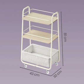 Carrinho para a sala de estar  com 3 níveis, prateleiras e cesto, estante com rodas bege-branco