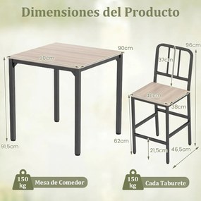Conjunto de mesa de jantar alta e 4 bancos para 4 pessoas com estrutura metálica, mesa quadrada de estilo rústico Natural e Preto