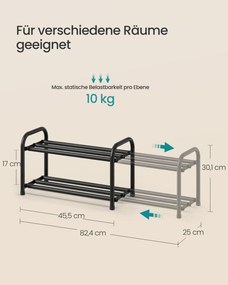Sapateira extensível com prateleiras ajustáveis 25 x (44,5-82,4) x 30,1 cm, 2 níveis, em metal Preto