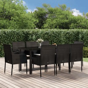 9 pcs conjunto de jantar p/ jardim c/ almofadões vime PE preto