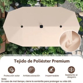 Guarda-sol grande 392 cm  com luzes LED solares, manivela, 12 hastes, retangular de duas faces Bege