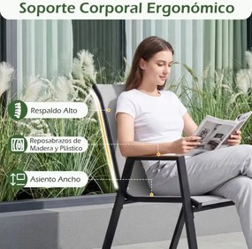 Conjunto de 2 cadeiras de jardim empilháveis, com encosto alto e braços, ergonómicas, em metal e tecido respirável, para terraço ou pátio, cinza