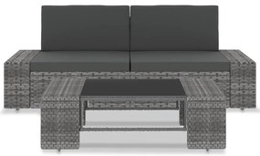 3 pcs conjunto lounge de jardim vime PE cinzento