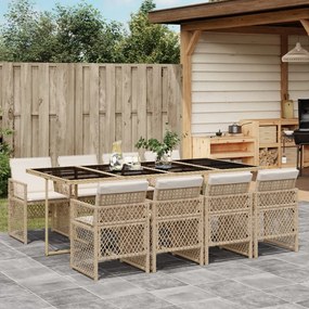 9 pcs conjunto de jantar p/ jardim com almofadões vime PE bege