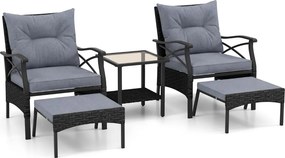 Conjunto de móveis jardim de vime de 5 peças com pufes, almofadas e mesa auxiliar de vidro temperado de 2 níveis para jardim, varanda, preto e cinza e