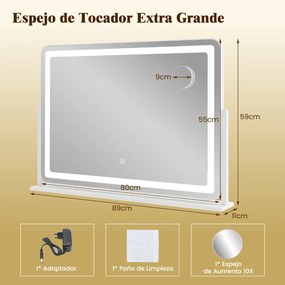 Espelho de maquilhagem com luzes grande de 80 x 55 cm com espelho de aumento de 10X Controlo tátil 3 modos de iluminação Branco
