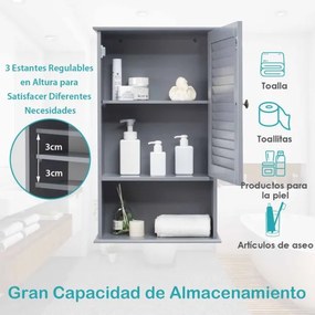 Armário de parede para casa de banho com porta e 3 estantes em MDF para arrumação de toalhas 42 x 17 x 70 cm Cinzento