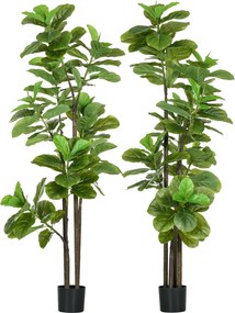 Conjunto de 2 plantas artificiais de figueira com 180 cm de altura de folhas de violino (Ficus Lyrata), e vaso Verdes