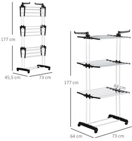 Estendal Dobrável para Roupa com Rodas Estendal Vertical de Aço com 3 Níveis Laterais Dobráveis Carga Máxima 70kg 73x64x177cm Preto e Branco