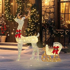 Rena com Trenó Luminoso Decoração de Natal com 170 LED Branco Quente Iluminação Natalícia 50x29x42 cm Multicor