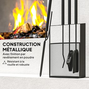 Conjunto de utensílios para lareira de 5 peças em metal, com vassoura, pá, atiçador, par de pinças e suporte, 28 x 13 x 59,5 cm, preto