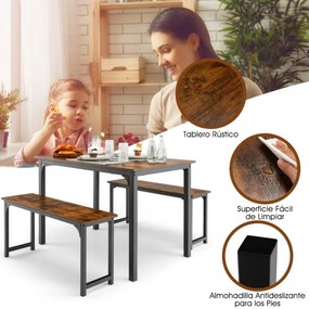 Conjunto de mesa de jantar de 3 peças com estrutura de metal e 2 bancos para 2-4 pessoas móveis de mesa para cozinha Castanho + Preto