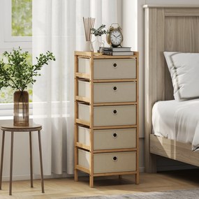 Cómoda com 5 Gavetas em Tecido, Estrutura de Bambu, Ideal para Espaços Pequenos, Creme e Madeira