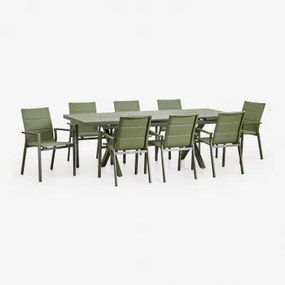 Conjunto De Mesa Extensível Retangular Karena 180-240x90 Cm E 8 Cadeiras De Jardim Empilháveis Com Braços De Alumínio Verde Azeitona Intenso - Sklum