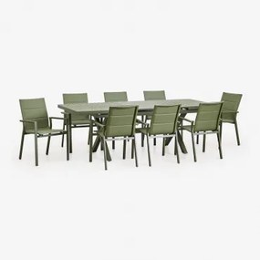 Conjunto De Mesa Retangular Extensível 180-240x90 Cm E 8 Cadeiras De Jardim Empilháveis Com Apoios De Braços Em Alumínio Karena Verde Azeitona Intenso