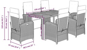 7 pcs conjunto de jantar p/ jardim c/ almofadões vime PE preto